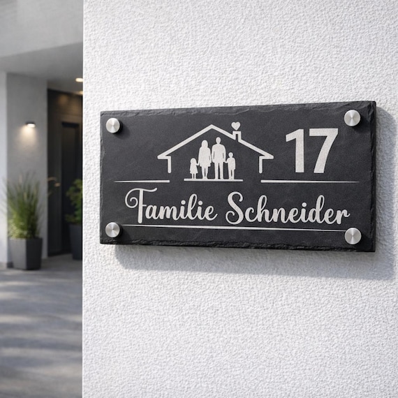 Türschild personalisiert Schiefer | Türschild Familie & Name | Hausnummer graviert | Namensschild Haustür | Geschenk Richtfest Einzug
