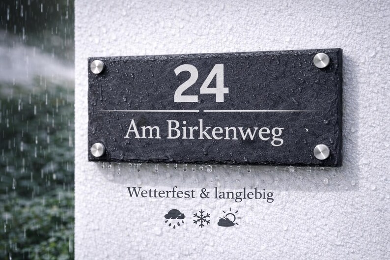 Op de afbeelding: Een rechthoekig huisnummerbord van zwarte leisteen met het nummer 24 en de tekst Am Birkenweg in wit gegraveerd. Het bord is bevestigd met vier zilverkleurige metalen afstandhouders en bevat de tekst Wetterfest & langlebig met weericonen.