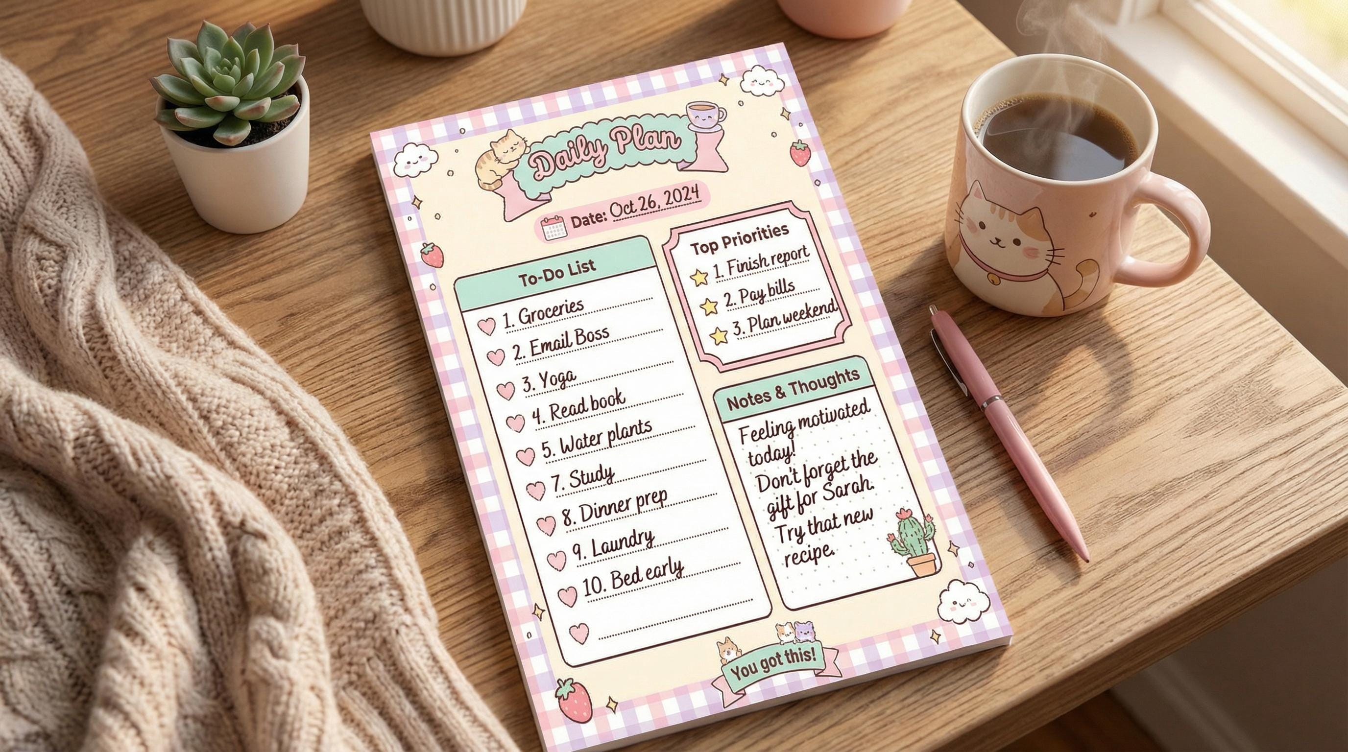 Kawaii Cat Daily Planner, to Do List Printable (PDF Files A4/letter ...