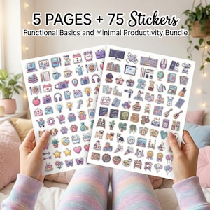 Puede incluir: Dos hojas de pegatinas con ilustraciones coloridas de varios objetos, incluyendo un portátil, una taza de café, una cámara y más. El texto en la parte superior dice "5 PAGES + 75 Stickers Functional Basics and Minimal Productivity Bundle."