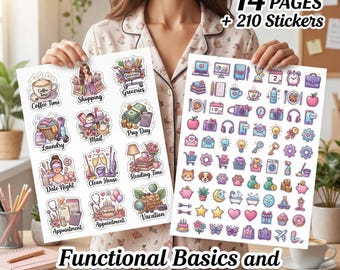Paquete de pegatinas imprimibles para planificador con elementos básicos funcionales, hoja de bullet journal con iconos minimalistas de productividad.