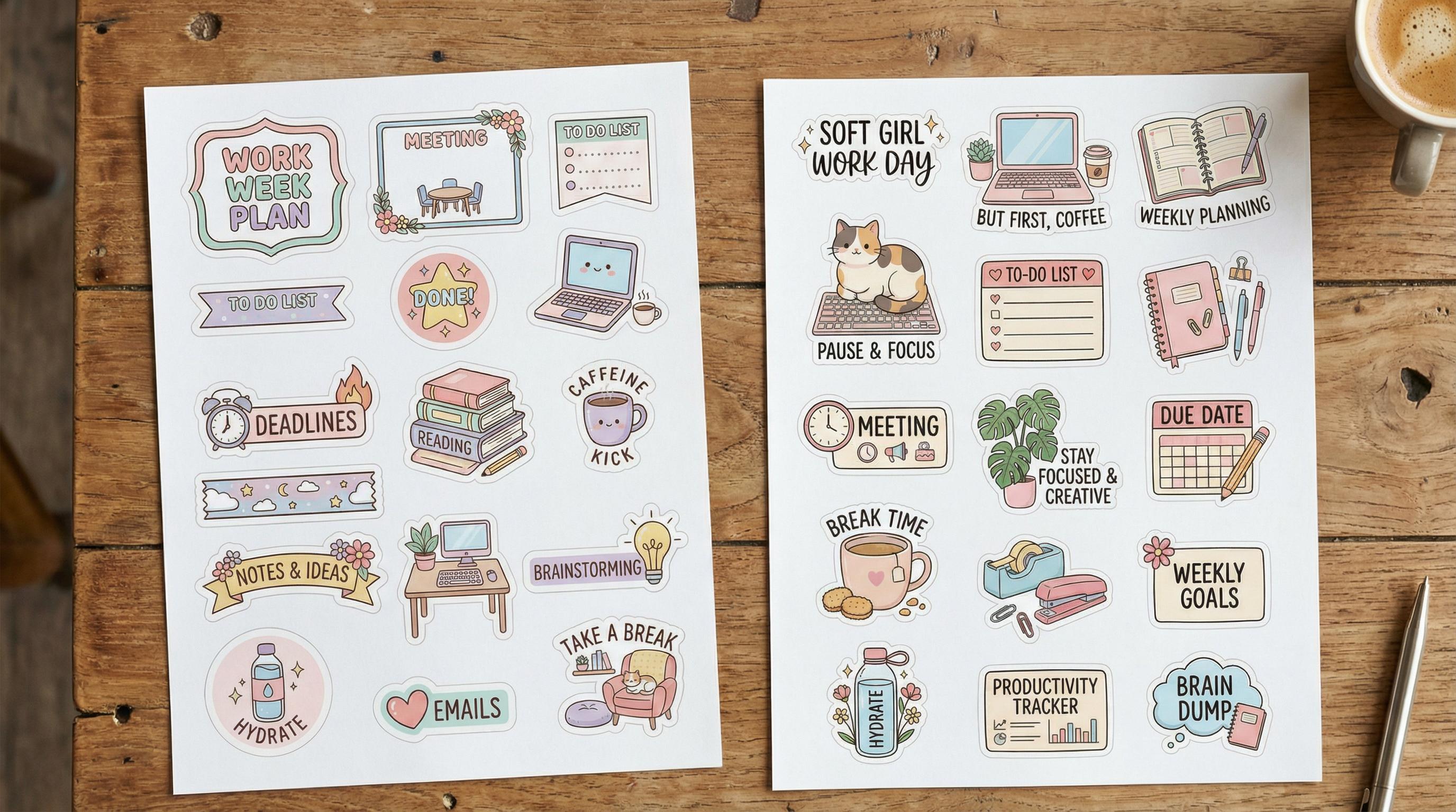 12 Soft Girl Work Day Planner Stickers | Cozy WFH Bundle (12 Pages) - Etsy