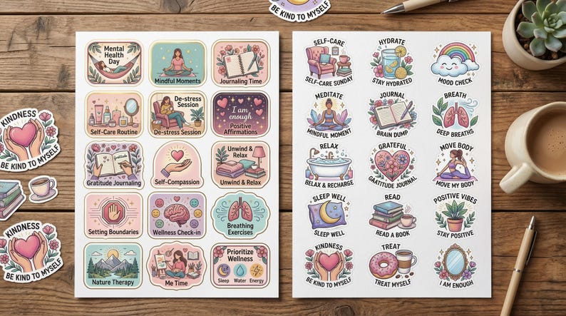 8 Mental Health Planner Stickers Bundle, Printable Self Care Journaling ...