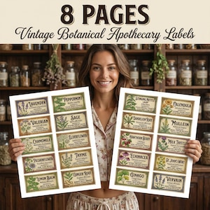 Può includere: Vengono mostrati due fogli di etichette da farmacista botaniche vintage. Le etichette presentano illustrazioni di erbe e fiori con i loro nomi e proprietà. Il testo "8 PAGES" e "Vintage Botanical Apothecary Labels" è in alto.