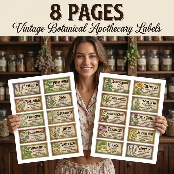 Vintage Botanical Apothecary Labels, Printable Junk Journal Herb Stickers & Potion Jar Tags Bundle