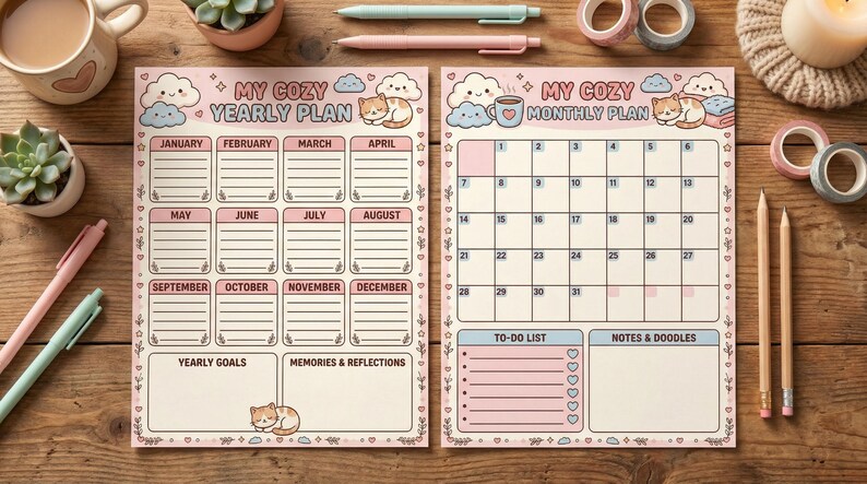 Cozy Cat Printable Planner Bundle: Undated Daily Weekly Monthly Yearly ...