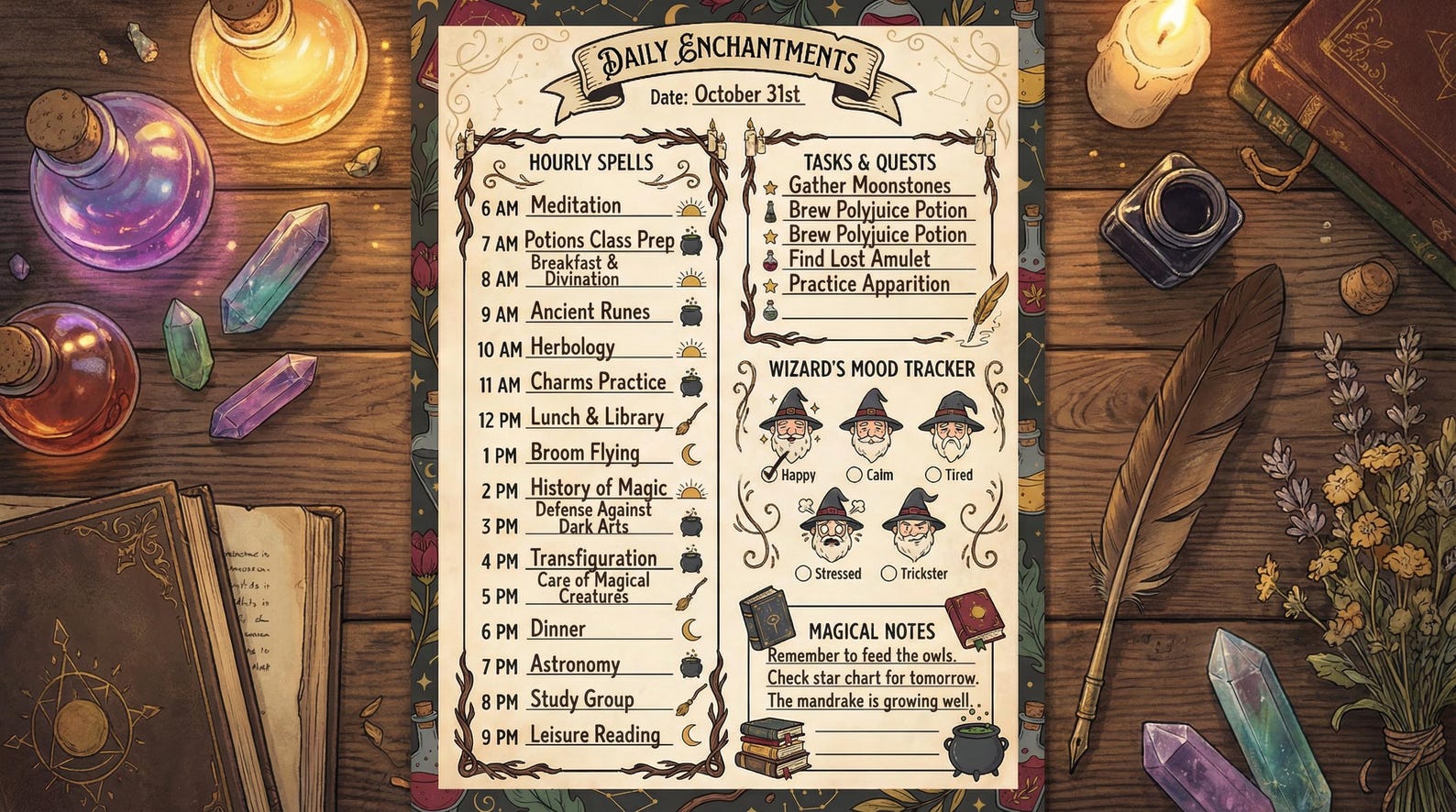 Wizard Daily Planner, Fantasy Task Organizer (PDF Printable A4/letter ...