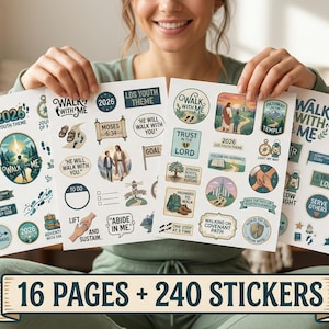 Może przedstawiać: Arkusz naklejek z różnymi wzorami, w tym tekstem "WALK WITH ME" i "2026 LDS YOUTH THEME". Naklejki są w odcieniach niebieskiego, zielonego i białego. Na dole obrazu widnieje napis "16 PAGES + 240 STICKERS".