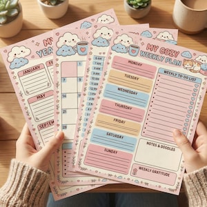 May include: A collection of pink weekly and yearly planner pads with cute cloud and coffee cup illustrations. The weekly planner includes sections for each day, a to-do list, and notes. The yearly planner has sections for January, May, and September.