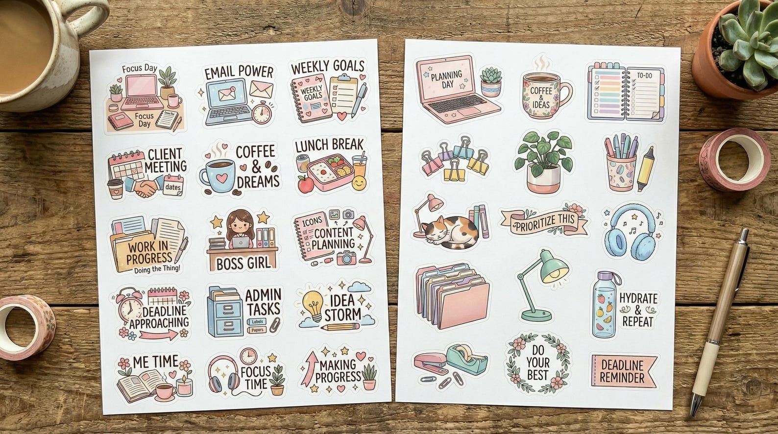 12 Soft Girl Work Day Planner Stickers | Cozy WFH Bundle (12 Pages) - Etsy