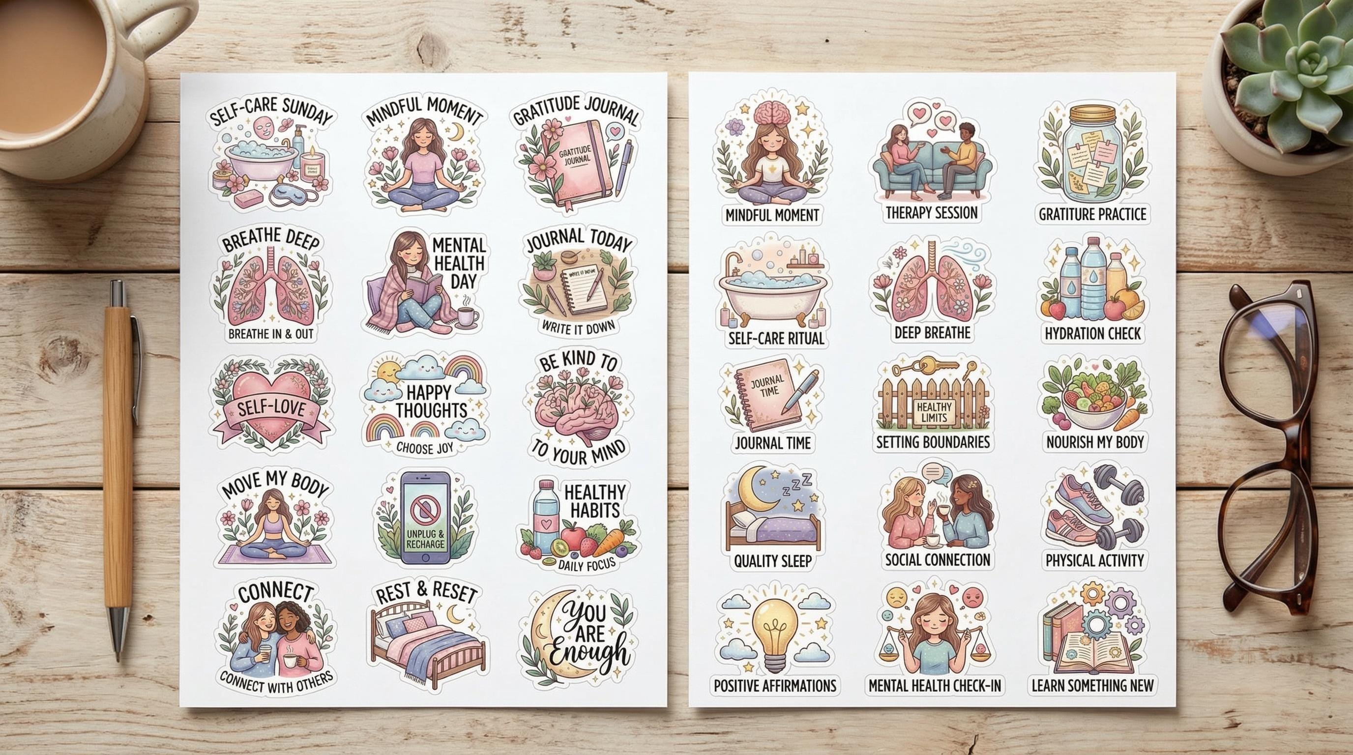 8 Mental Health Planner Stickers Bundle, Printable Self Care Journaling ...