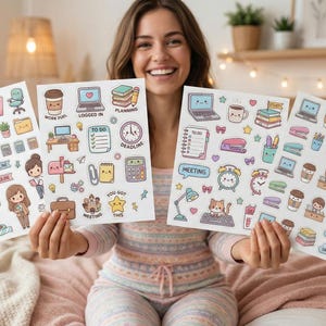 9 Kawaii Arbeit von zu Hause Planer Sticker, Chibi Office Girl PNG PDF (9 Seiten)