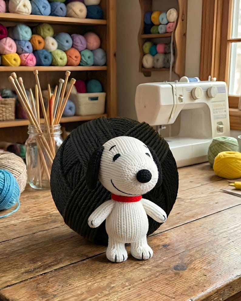 Może przedstawiać: Ręcznie robiona biało-czarna pluszowa zabawka Snoopy z czerwoną obrożą stoi przed dużą czarną kulą przędzy. Druty do robienia na drutach i przędza są widoczne w tle, na drewnianej powierzchni.