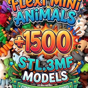 May include: A collection of small, multi-coloured, articulated animal figures featuring the text Flexi Mini ANIMALS +1500 STL.3MF MODELS COMMERCIAL USE ALLOWED in a bold, cartoon-style font layered over the top of the various plastic toys.
