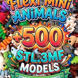 Pode incluir: Uma coleção de pequenas figuras de animais articuladas e multicoloridas. O texto diz: Flexi Mini ANIMALS +500 STL.3MF MODELS COMMERCIAL USE ALLOWED. O fundo está preenchido com várias formas de animais de plástico em muitas cores.