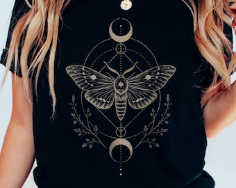Death's Head Moth Celestial T-Shirt, Sacred Geometry Moon Graphic Tee, Witchy Dark Boho Shirt, Mystical Moth Gift for Her Him