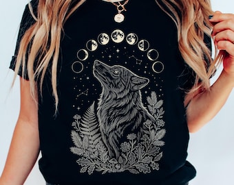 Wolf Moon Phases T-Shirt | Mystical Celestial Lunar Tee | Whimsigoth Nature Botanical Design