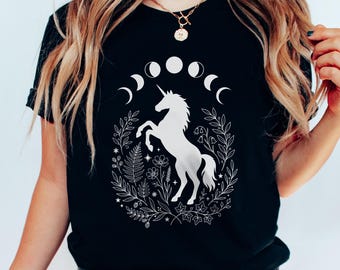 Celestial Unicorn Moon Phase T-Shirt, Mystical Floral Botanical Tee, Witchy Aesthetic Shirt, Magical Unicorn Gift for Her