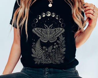 Moth Moon Phases Celestial Shirt, Whimsigoth Botanical Insect Tee