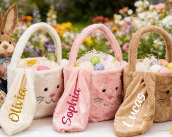 Personalized Plush Easter Bunny Basket with Name Girls Boys Easter Basket 2026 Custom Easter Egg Hunt Gift for Kids Spring Decor Easter Gift