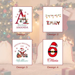 May include: Four Christmas-themed designs on white backgrounds. Design 1 features a red letter "A" with a snowman and the name "Amanda". Design 2 has the name "Emily" with festive lights. Design 3 shows Santa and the name "William". Design 4 has a Santa-themed "O" with the name "Olivia".