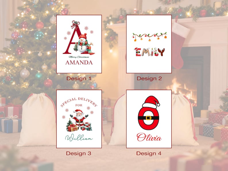 May include: Four Christmas-themed designs on white backgrounds. Design 1 features a red letter "A" with a snowman and the name "Amanda". Design 2 has the name "Emily" with festive lights. Design 3 shows Santa and the name "William". Design 4 has a Santa-themed "O" with the name "Olivia".