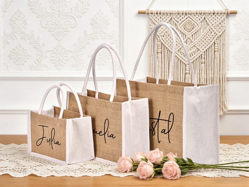 May include: Three burlap tote bags with white accents and handles. Each bag has a name printed in black script: Julia, Amelia, and Crystal. Pink roses are arranged in front of the bags.