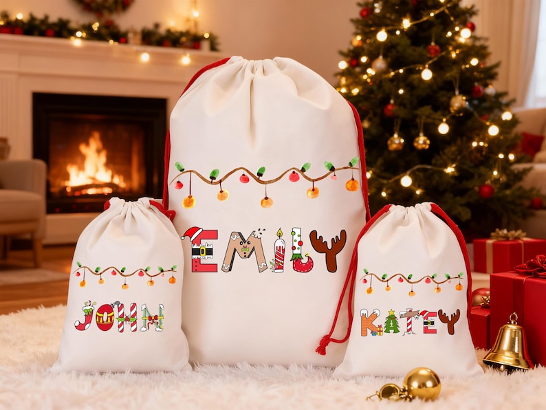 May include: Three white Christmas gift bags with red drawstrings. The largest bag has the name "EMILY" in colourful letters, and the smaller bags say "JOHN" and "KATEY". Each bag has a string of lights design.