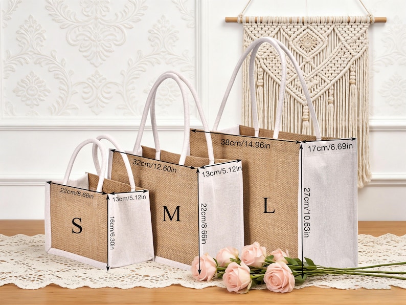 May include: Three jute tote bags in sizes S, M, and L, with white handles and bases. The bags are labeled with their sizes and measurements: S is 8.66in x 6.30in, M is 12.60in x 8.66in, and L is 14.96in x 10.63in. Pink roses are in front.