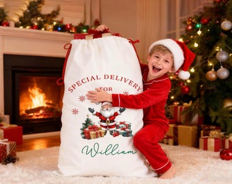 Saco de Papá Noel personalizado para niños, bolsa de regalo de Navidad, sacos de Navidad, bolsa de Nochebuena, saco de Nochebuena, calcetín de Navidad, letra grande