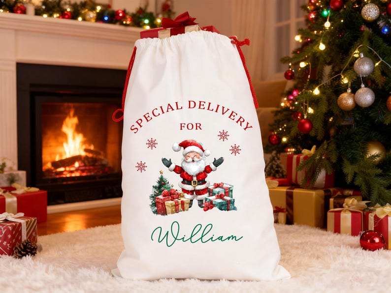 May include: A white Christmas sack with red trim and drawstring. The sack has a Santa Claus graphic and the words "Special Delivery For William" in red and green. Snowflakes are also printed on the sack.