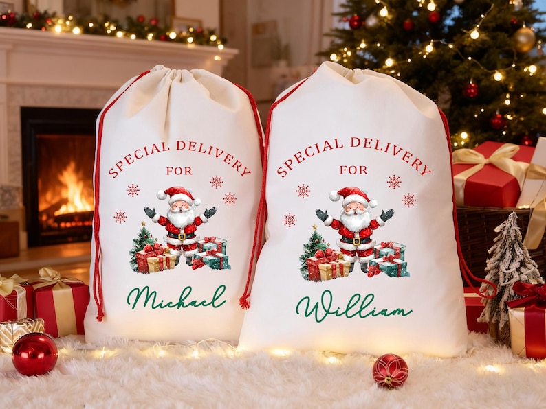 May include: Two white Christmas gift sacks with red drawstrings. Each sack features a Santa Claus graphic, the words "Special Delivery For", snowflakes, and a name. One says "Michael" and the other says "William".
