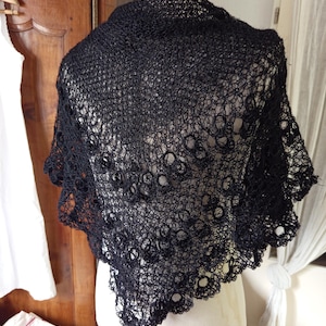 Vintage Black Wool Crochet Shawl | 1900s Handmade Lace Square Scarf | Antique Boho Accessory | Rust Fashion