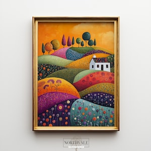 Colourful Wall Art, Rustic Landscape Art, Whimsical Farmhouse Decor, Vibrant Wall Art Print, Cottagecore Printable 108