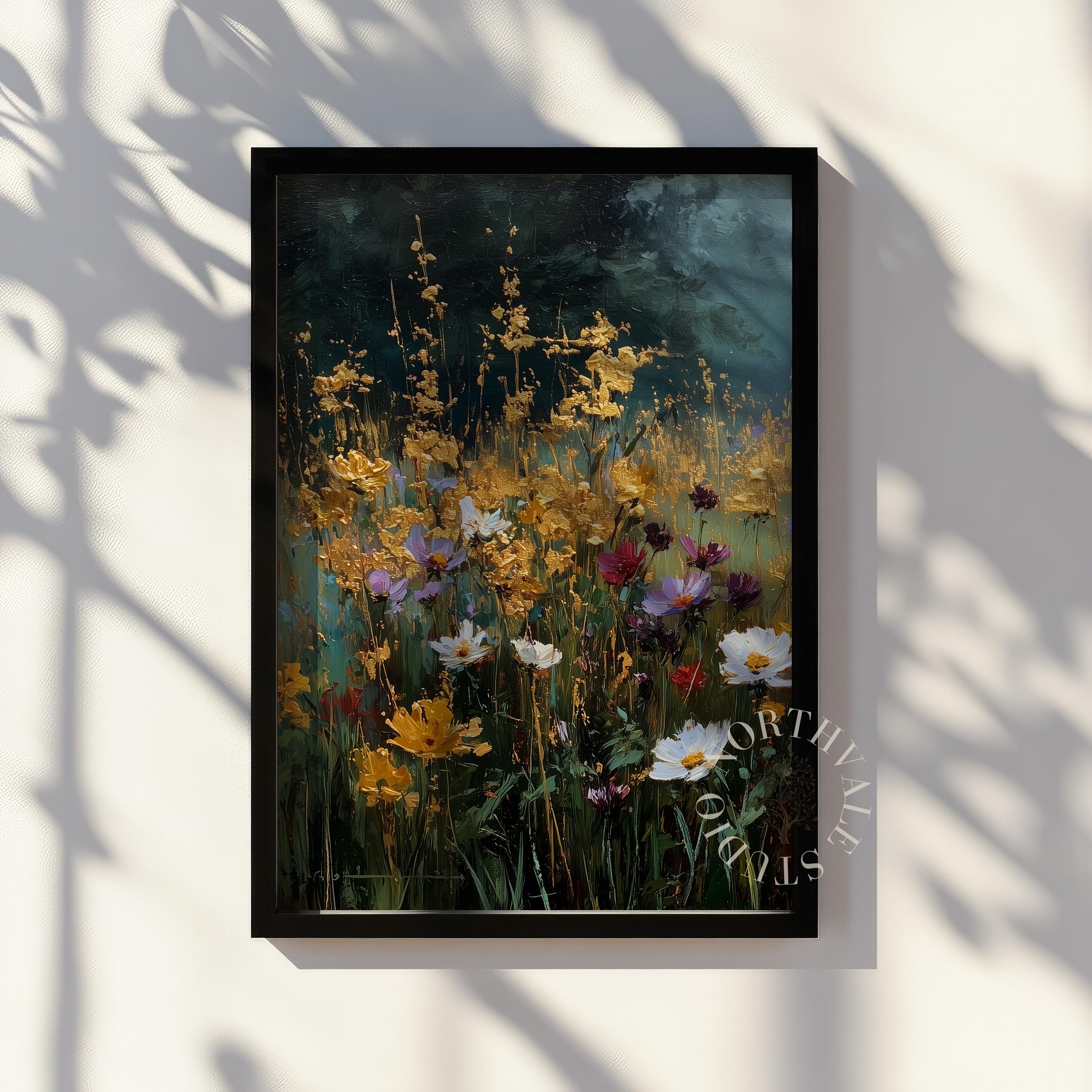 鮮やかな野花の草原の絵画 - 素朴な花の風景、ヴィンテージスタイルの