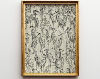 Minimalist Heron Sketch Printable, Modern Rustic Ink Bird Pattern, Neutral Monochrome Wall Decor, Scandinavian Art Download 339