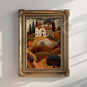 Könnte beinhalten: Gerahmtes Landschaftsgemälde einer toskanischen Villa. Das Kunstwerk zeigt ein weißes Gebäude mit rotem Ziegeldach, eingebettet in sanfte Hügel mit Bäumen und einer kurvenreichen Straße. Der Rahmen ist verziert, mit goldener Oberfläche, was die Ästhetik des Kunstwerks verbessert.