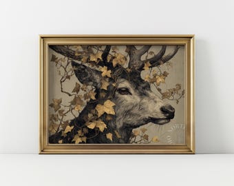 Autumn Stag with Antlers Printable - Rustic Deer Art, Copperplate-Style Engraving, Vintage Woodland Decor, Dark Academia Wall Art 156