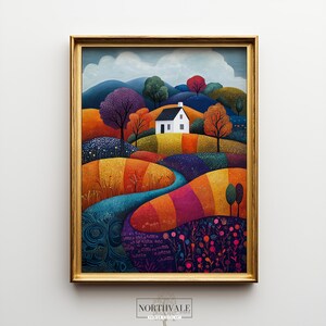 Colourful Landscape Wall Art, Patchwork Fields Print, Whimsical Landscape Art, Autumn Cottage Decor, Vibrant Farmhouse Printable Art 107
