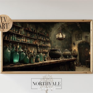 May include: A framed digital art print depicting a dimly lit apothecary. The scene features shelves filled with glass bottles and jars, a wooden counter with two cauldrons, and a hanging chandelier. The artwork has a vintage, rustic aesthetic.