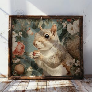 Vintage Squirrel Print: Floral Woodland Cottagecore Wall Art (Digital Download)