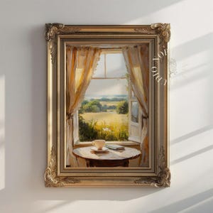 May include: A framed painting depicts a serene outdoor scene viewed through a window. The artwork features a golden frame, yellow curtains, and a small table with a cup and book. The landscape outside the window showcases a field and trees.