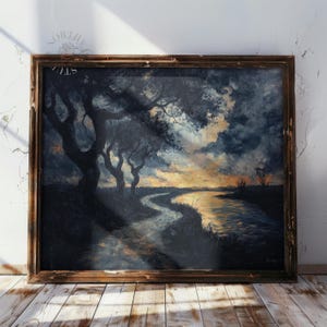 Sunset River Bend Print: Moody Landscape Oil Painting (Digital Download)