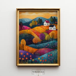 Campos vibrantes de patchwork no campo - Arte de parede com paisagens coloridas, decoração cottagecore, pintura de campos coloridos, arte de parede para impressão 106