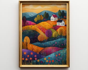 Vibrant Countryside Patchwork Fields - Colourful Landscape Wall Art, Cottagecore Decor, Colourful Fields Painting, Printable Wall Art 106