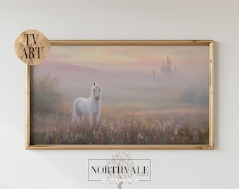 Fairytale Unicorn Castle Art, Pastel Meadow, Nursery TV Display (Digital Download) 382