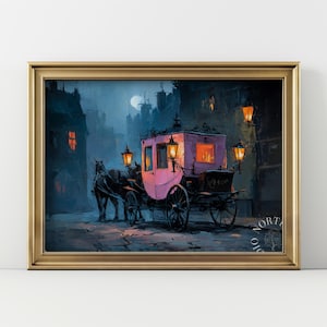 Evening Ghost Carriage in Misty Street - Moody Pink Carriage Art, Vintage Lantern Scene, Printable Gothic Wall Decor, Digital Painting 140