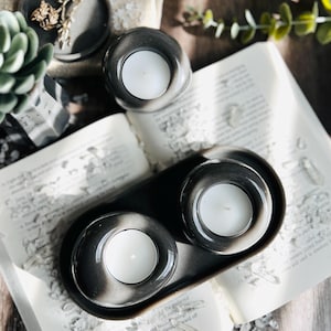 Two Tea Light Holders Smooth River Rocks + Tray Trio | Gray Brown Gift Set