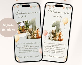 Digital invitation for a children's birthday party with woodland animals, WhatsApp invitation, Wild One invitation, first birthday ecard (German), Canva template (pastel).