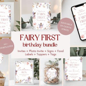 Fairy First Birthday Invitation Template Bundle Editable Canva Set Print Invite + Photo Invite Mobile Evite Signs Thank You Instant Download
